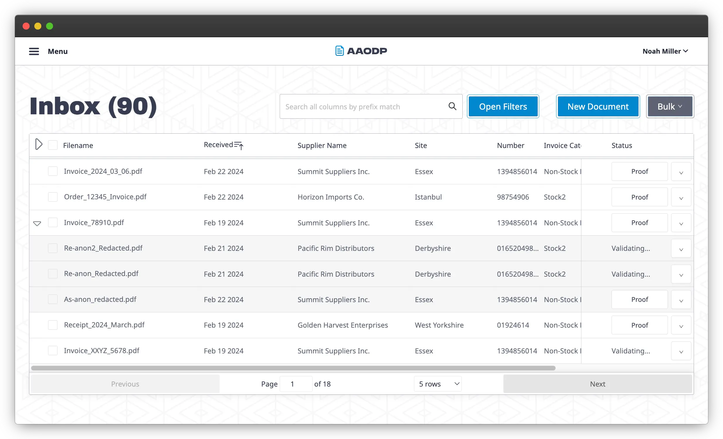 Main page of the Automated AI OCR App with a list of documents Automated AI OCR document processing app screenshot